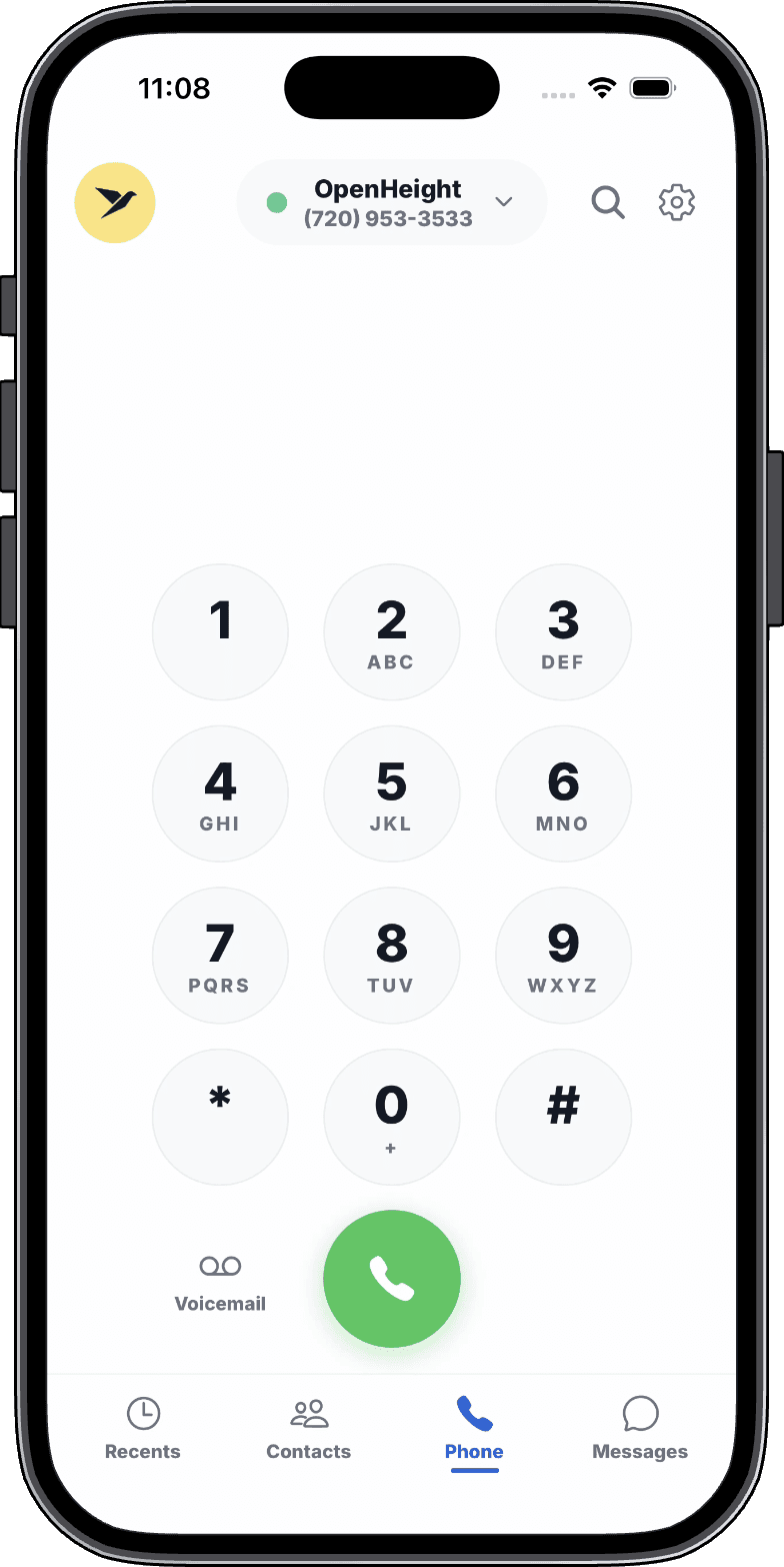 The Speakary app on iPhone: the business line (720) 953-3533 live in the header, above the dialer keypad, voicemail, and the Recents, Contacts, Phone and Messages tabs.
