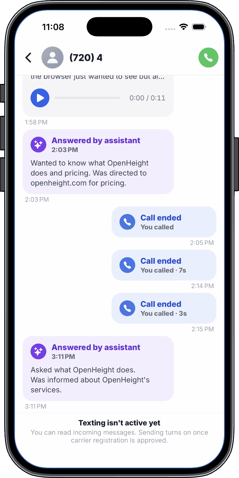 A conversation in the Speakary app: a transcribed voicemail with a play button, then two 'Answered by assistant' summaries of what each caller wanted.